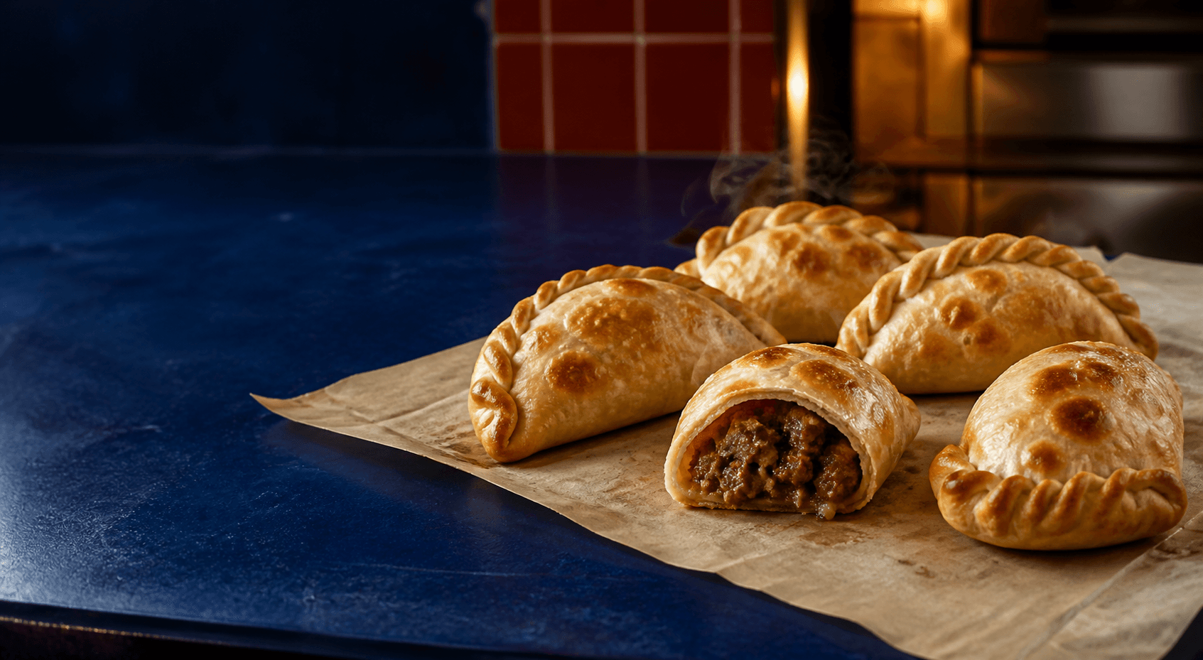 Empanadas DOBLEZ recién salidas del horno sobre una mesada azul