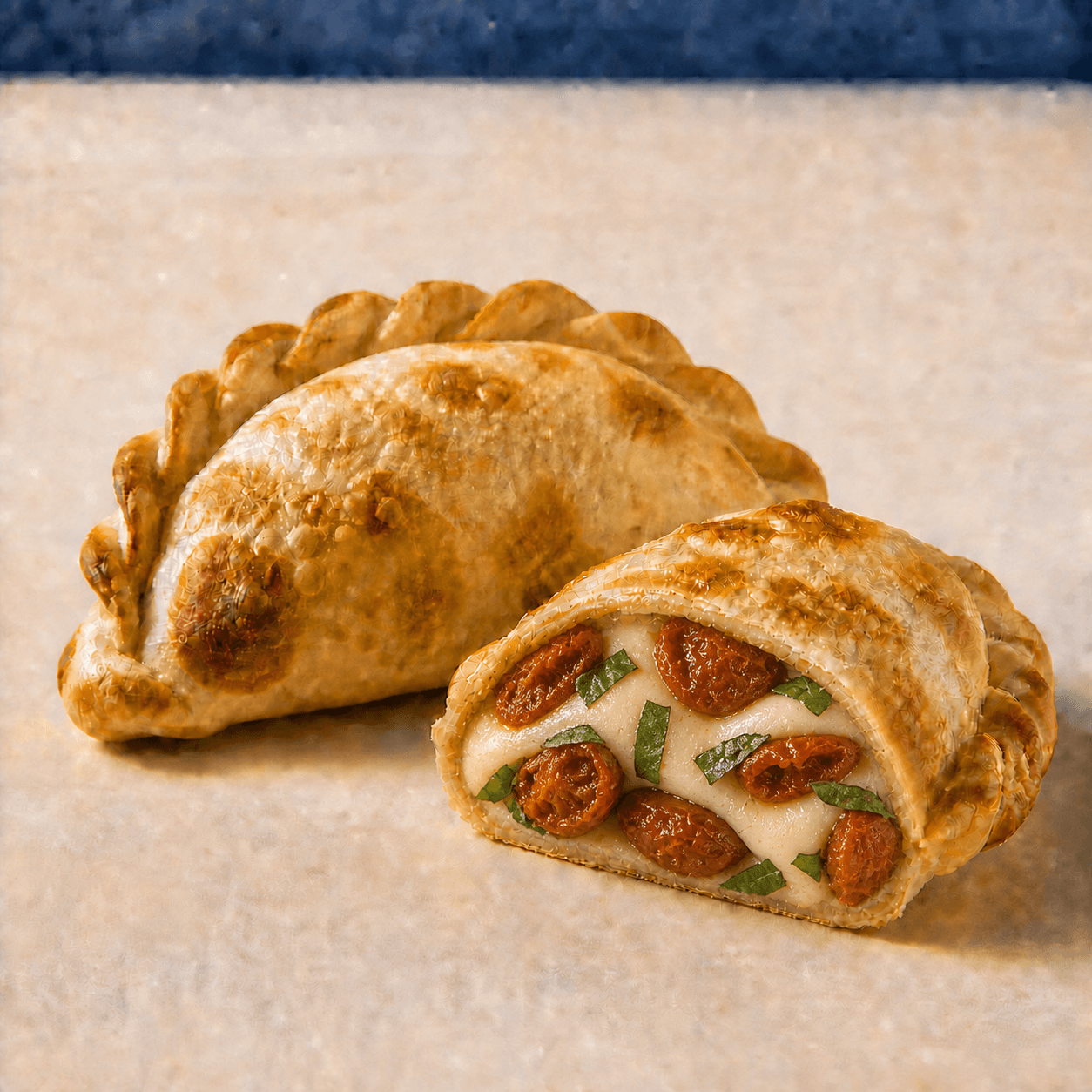 Caprese de estación DOBLEZ, empanada horneada abierta mostrando su relleno