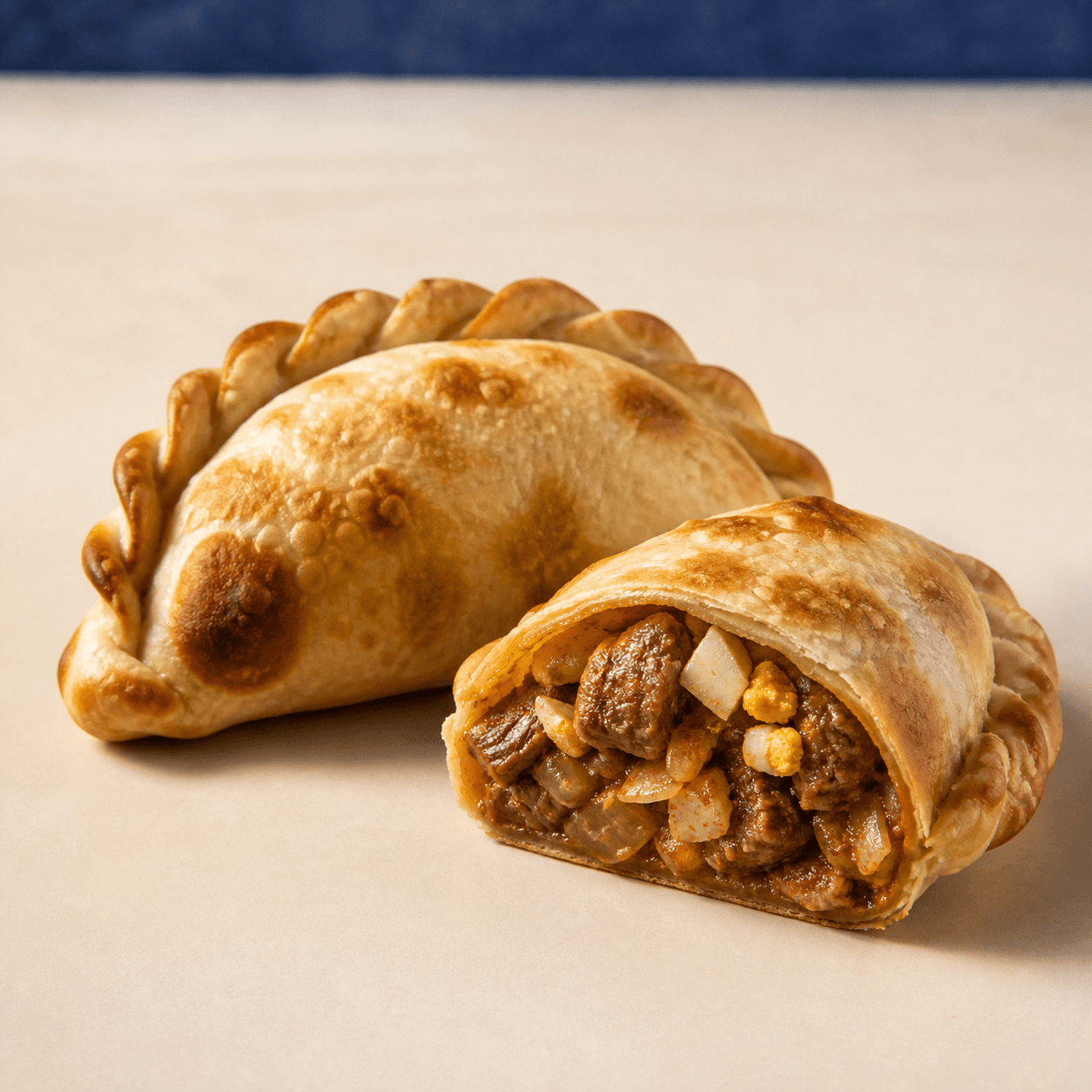 Carne a cuchillo DOBLEZ, empanada horneada abierta mostrando su relleno
