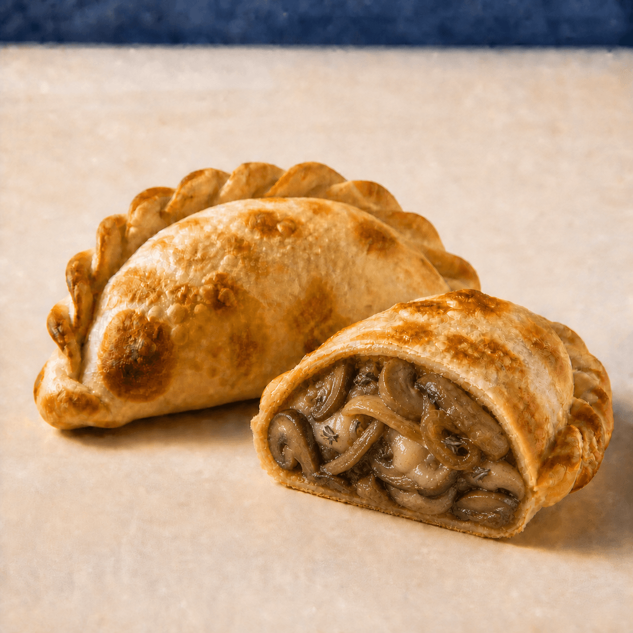 Hongos y provoleta DOBLEZ, empanada horneada abierta mostrando su relleno