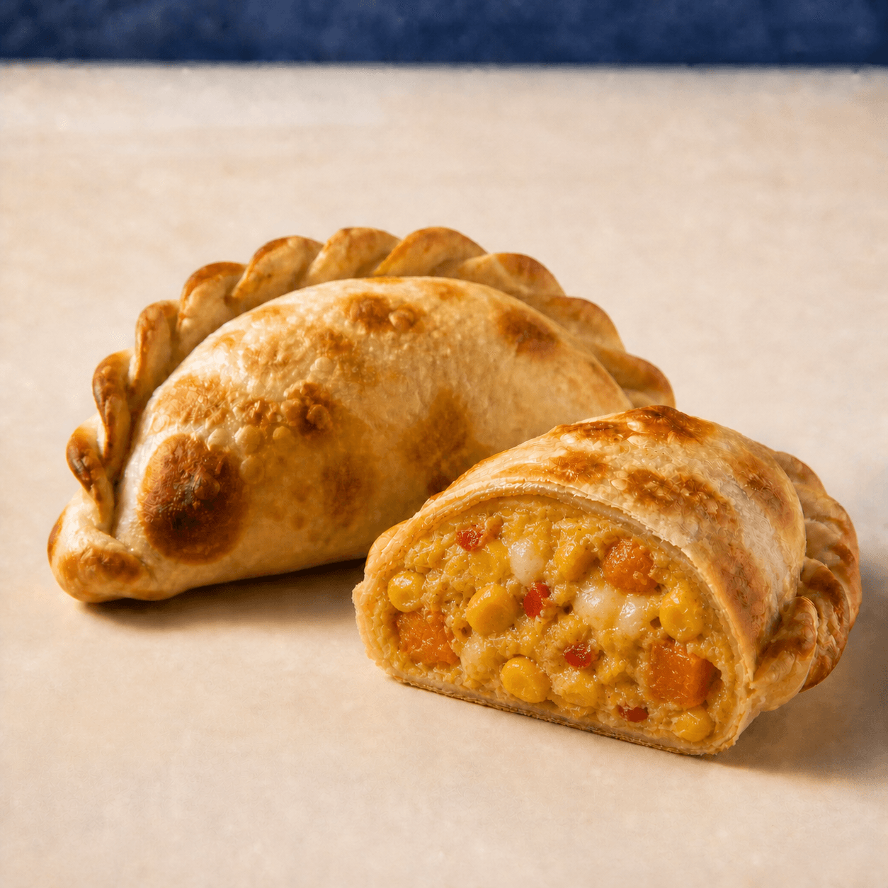 Humita porteña DOBLEZ, empanada horneada abierta mostrando su relleno
