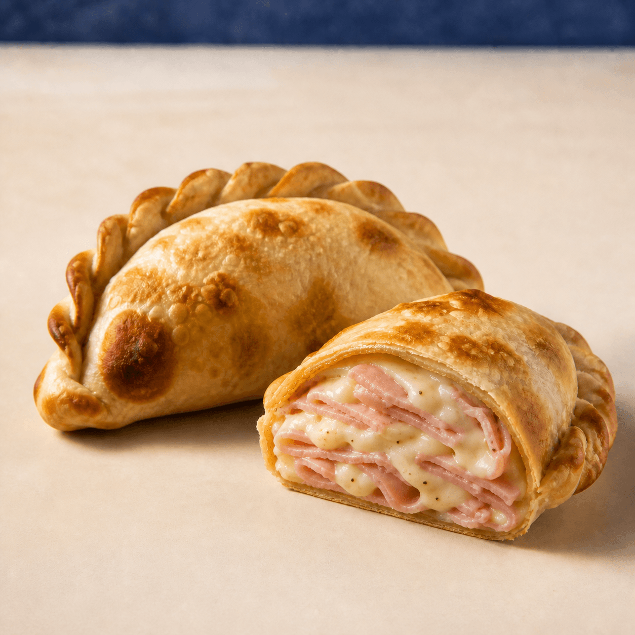 Jamón y queso DOBLEZ, empanada horneada abierta mostrando su relleno