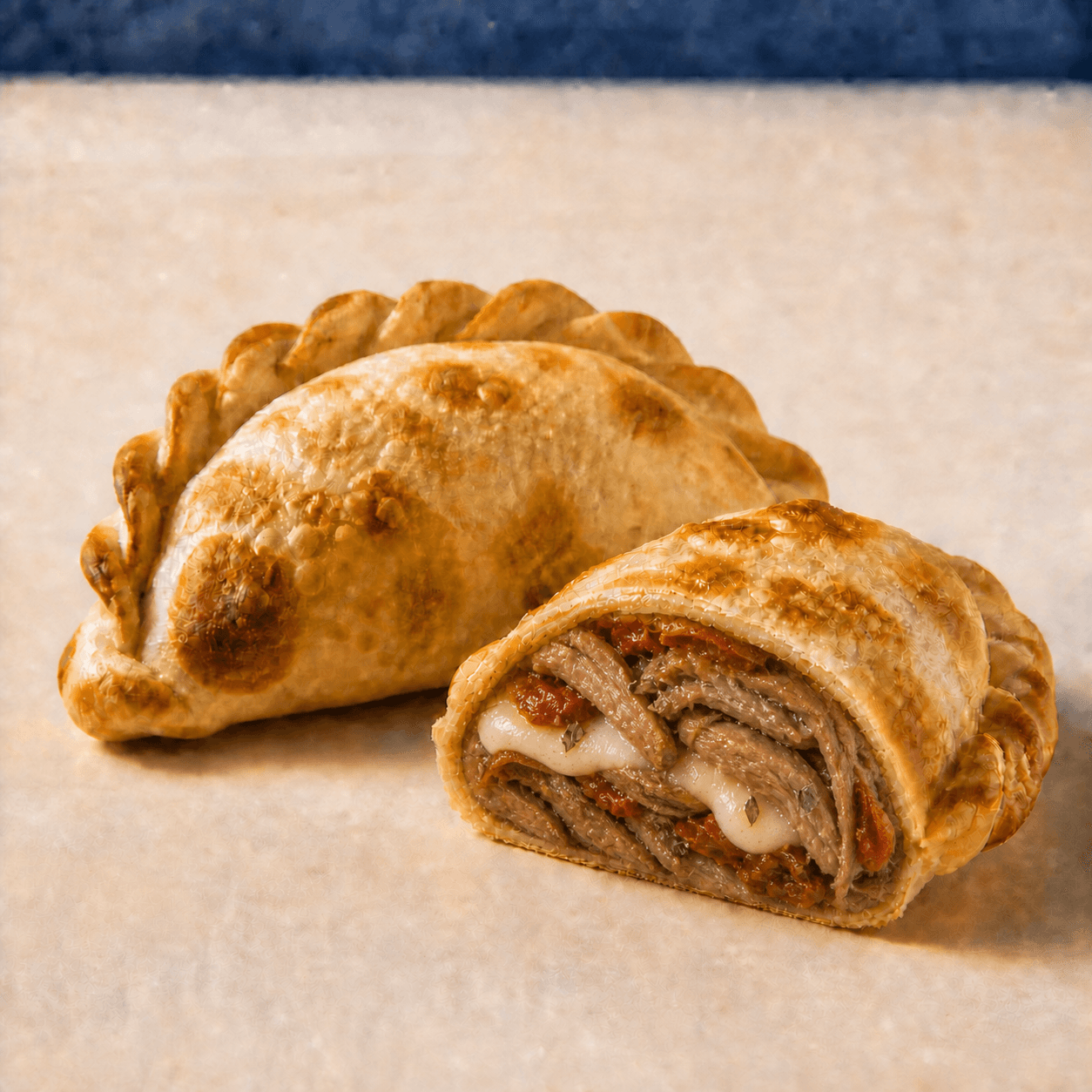Matambre a la pizza DOBLEZ, empanada horneada abierta mostrando su relleno