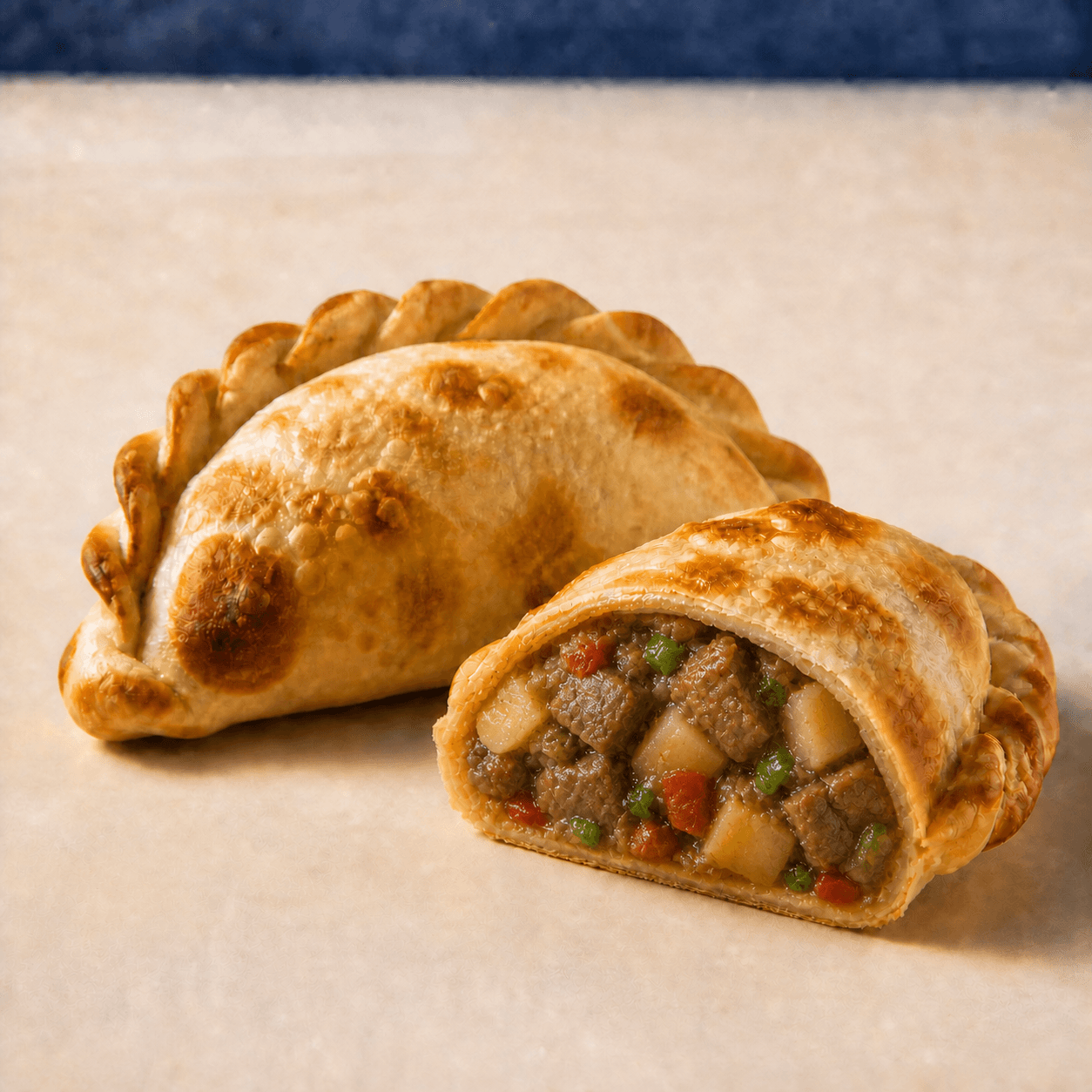 Salteña jugosa DOBLEZ, empanada horneada abierta mostrando su relleno