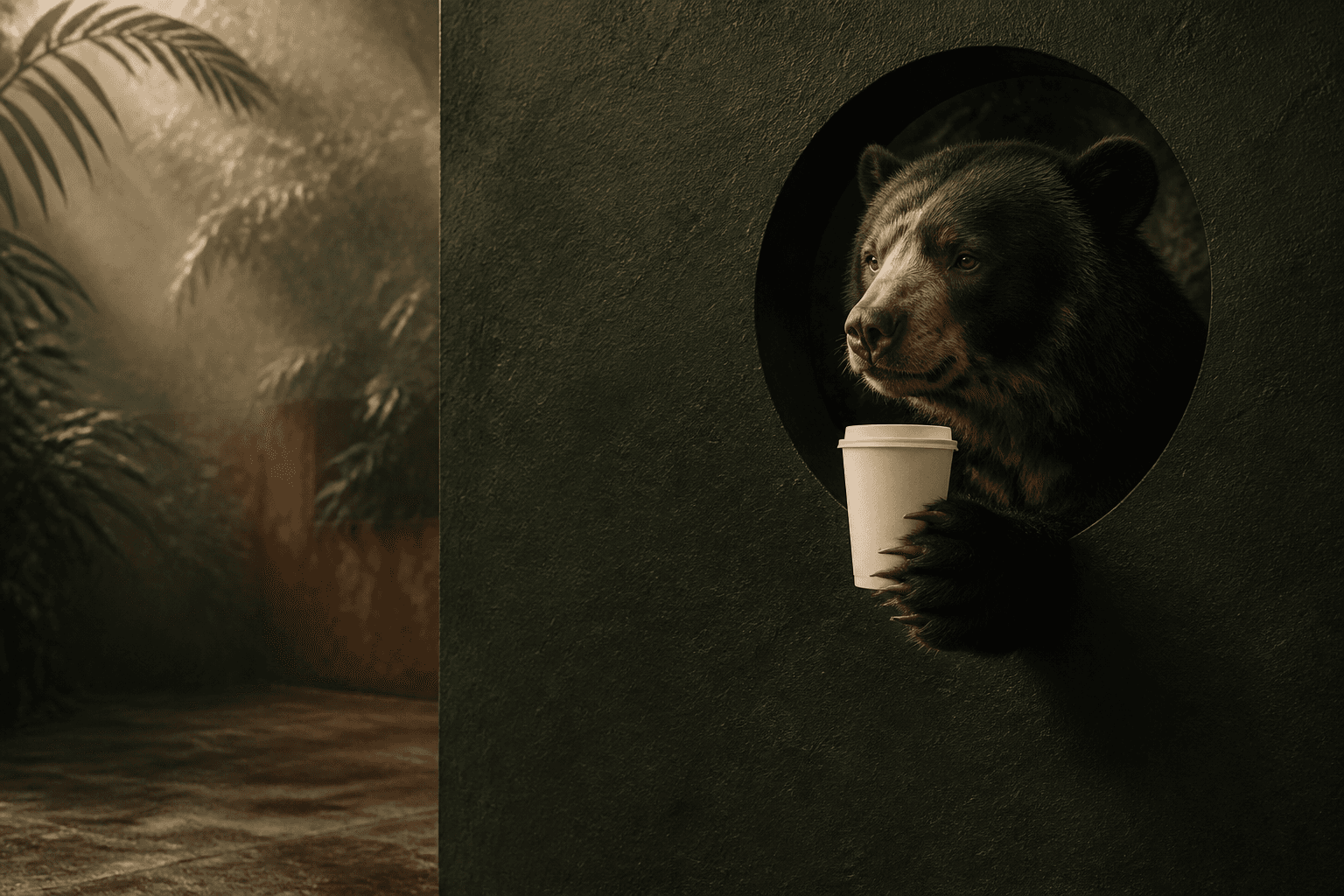 Garrú, un oso de anteojos, entrega un café por una abertura