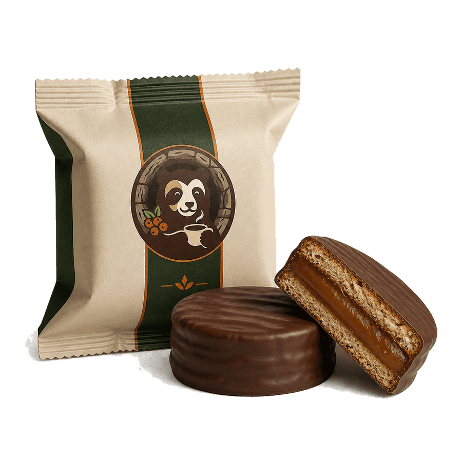 Alfajor Garrú entero y cortado junto a su envoltorio