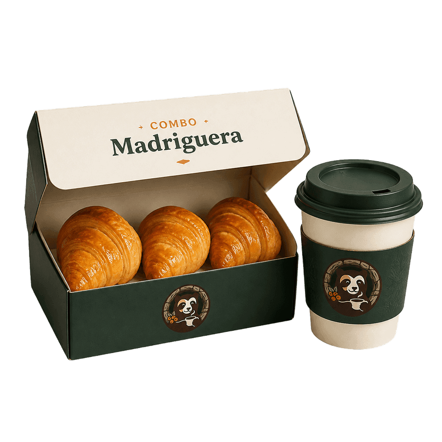 Caja Garrú con tres medialunas y café para llevar