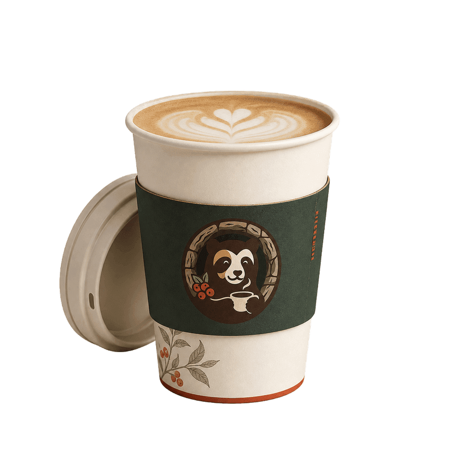 Flat white Garrú en vaso marfil con faja verde y sello del oso