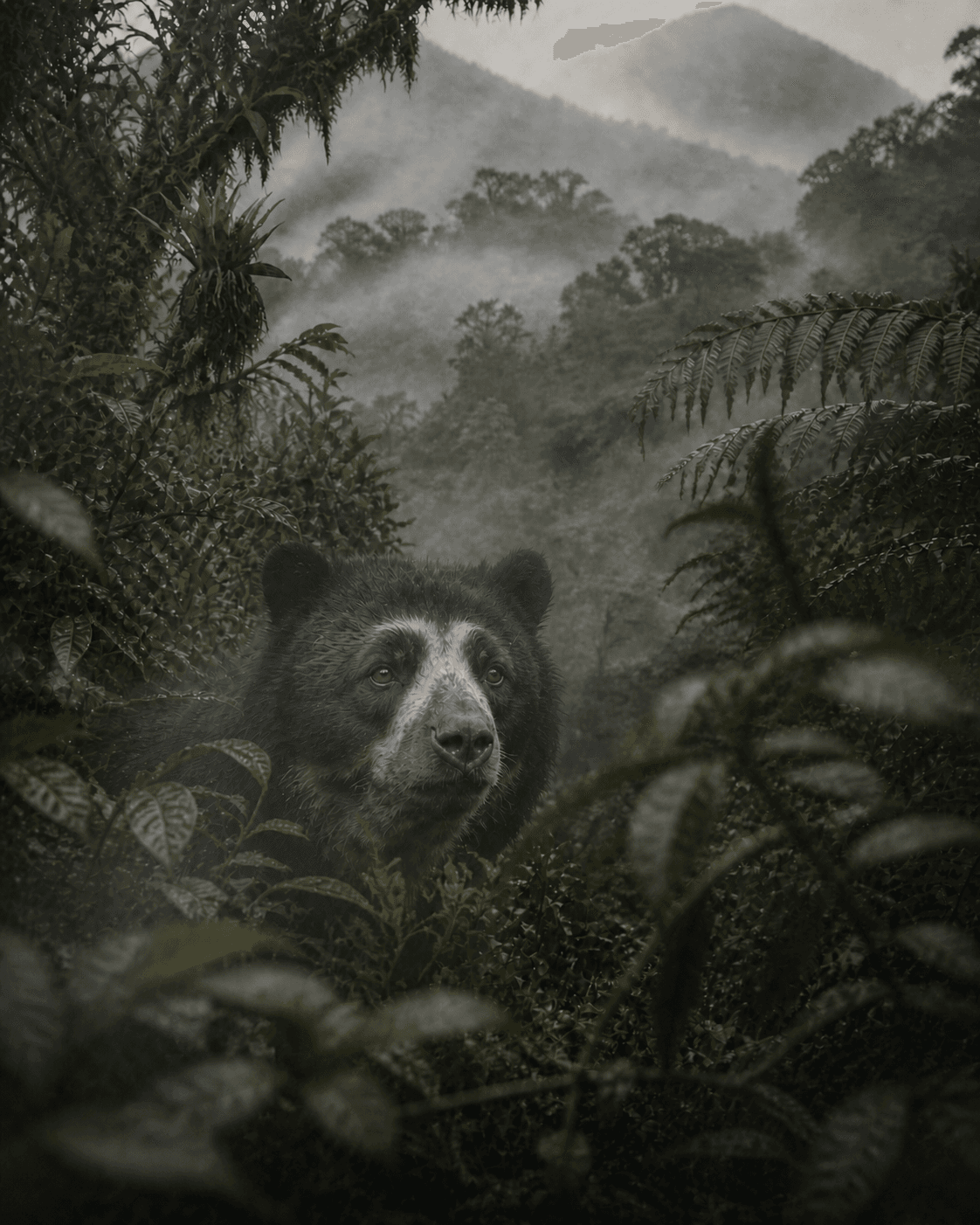Rostro sereno de un oso de anteojos entre la vegetación y la bruma del bosque nuboso de los Andes